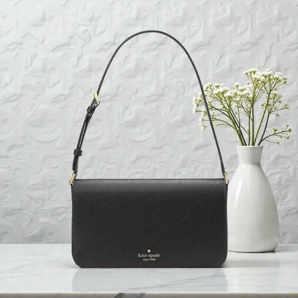 Kate Spade Staci Flap Shoulder Bag Purse in Black Leather KF371